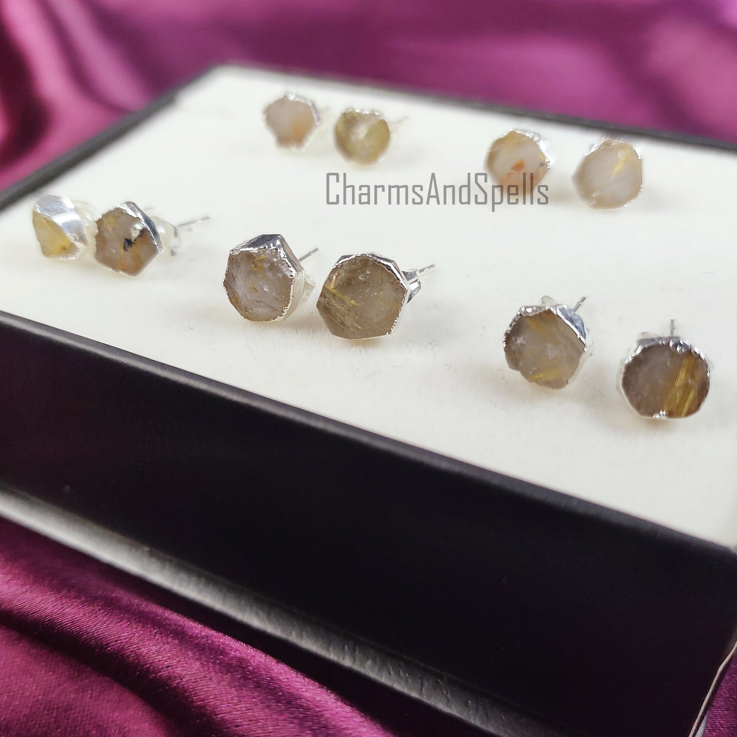 Raw Golden Rutile Stud Earrings | Tiny Rose Gold Plated Rough Crystal Jewelry