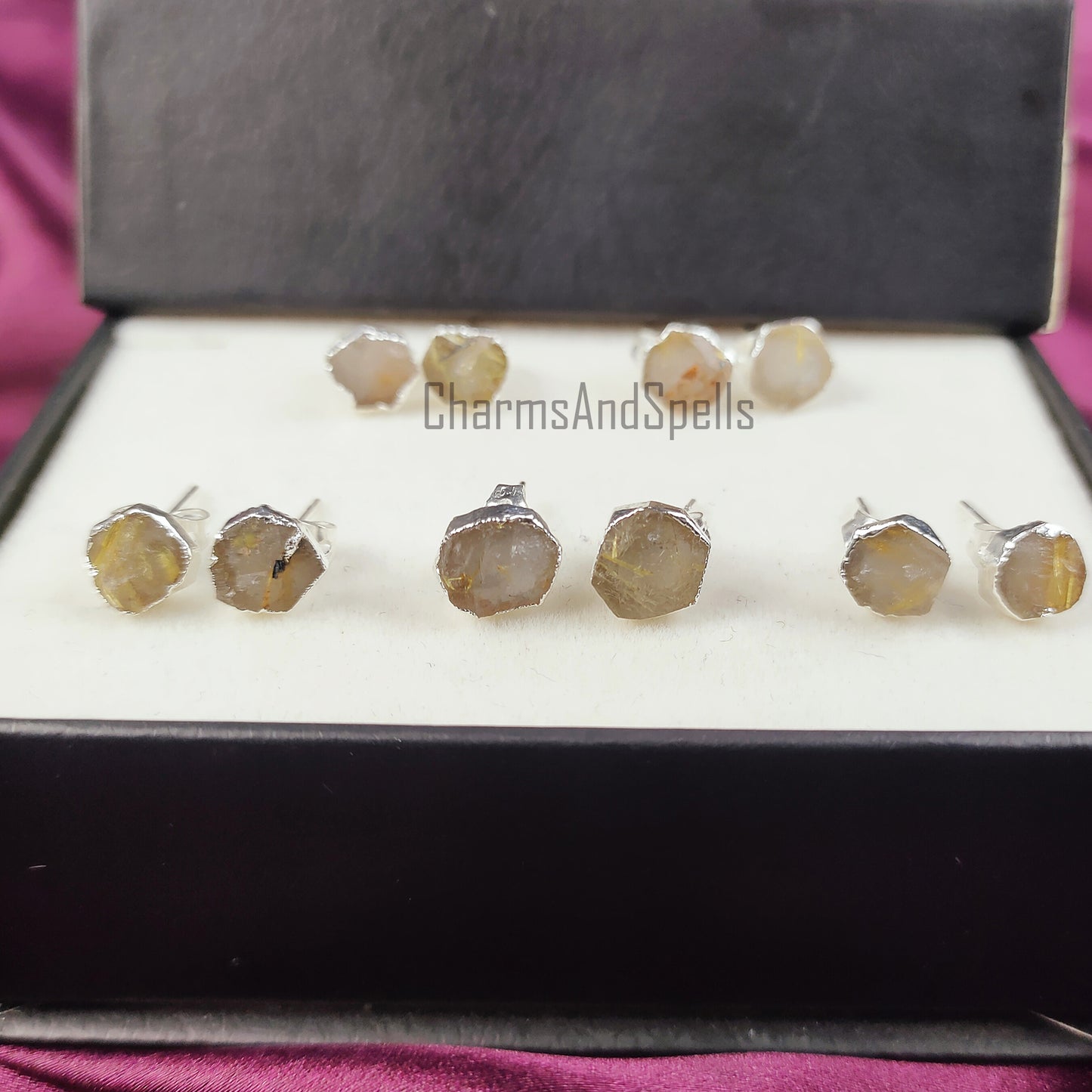 Raw Golden Rutile Stud Earrings | Tiny Rose Gold Plated Rough Crystal Jewelry