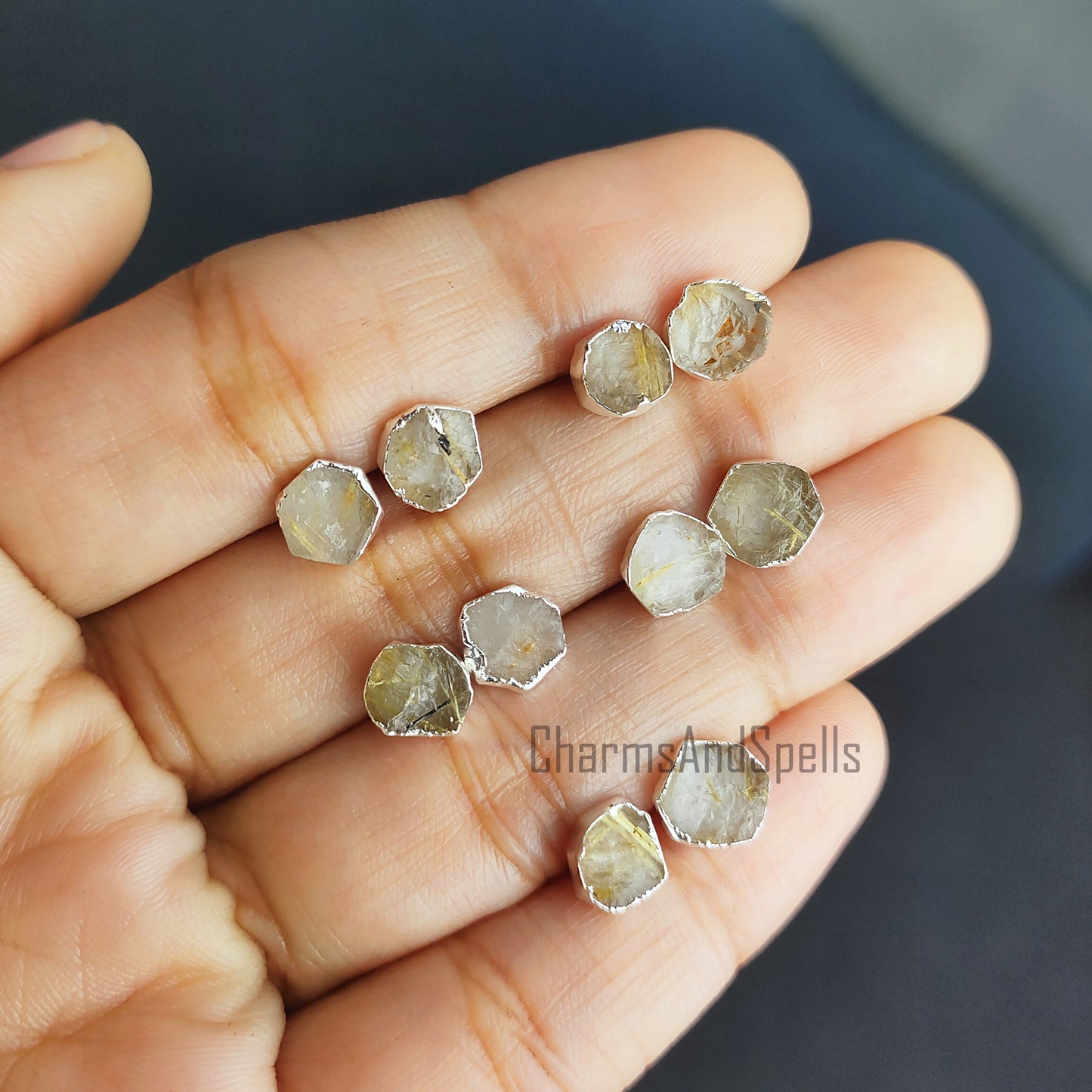 Raw Golden Rutile Stud Earrings | Tiny Rose Gold Plated Rough Crystal Jewelry