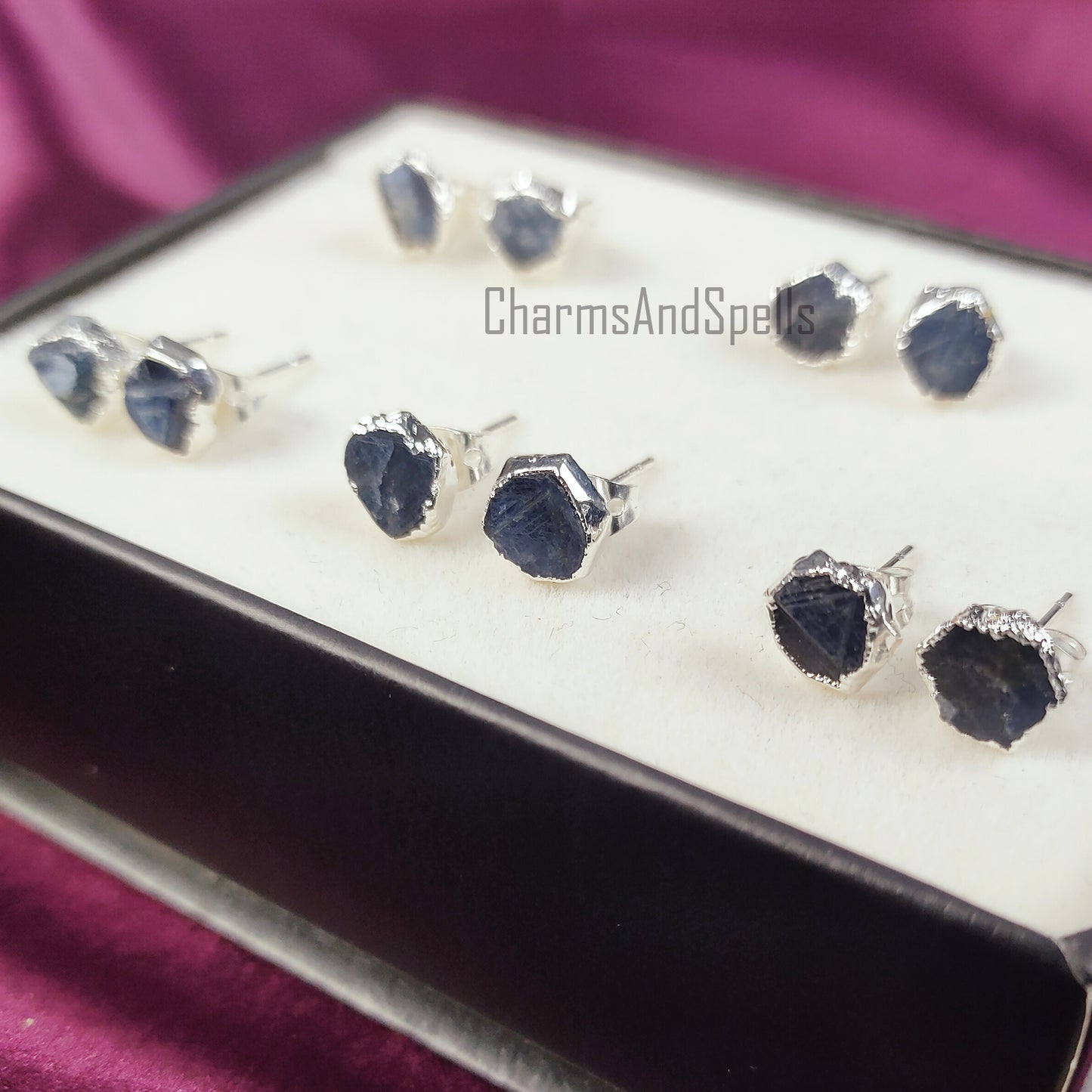 Raw Sapphire Stud Earrings| Real Gemstone Jewelry| September Birthstone