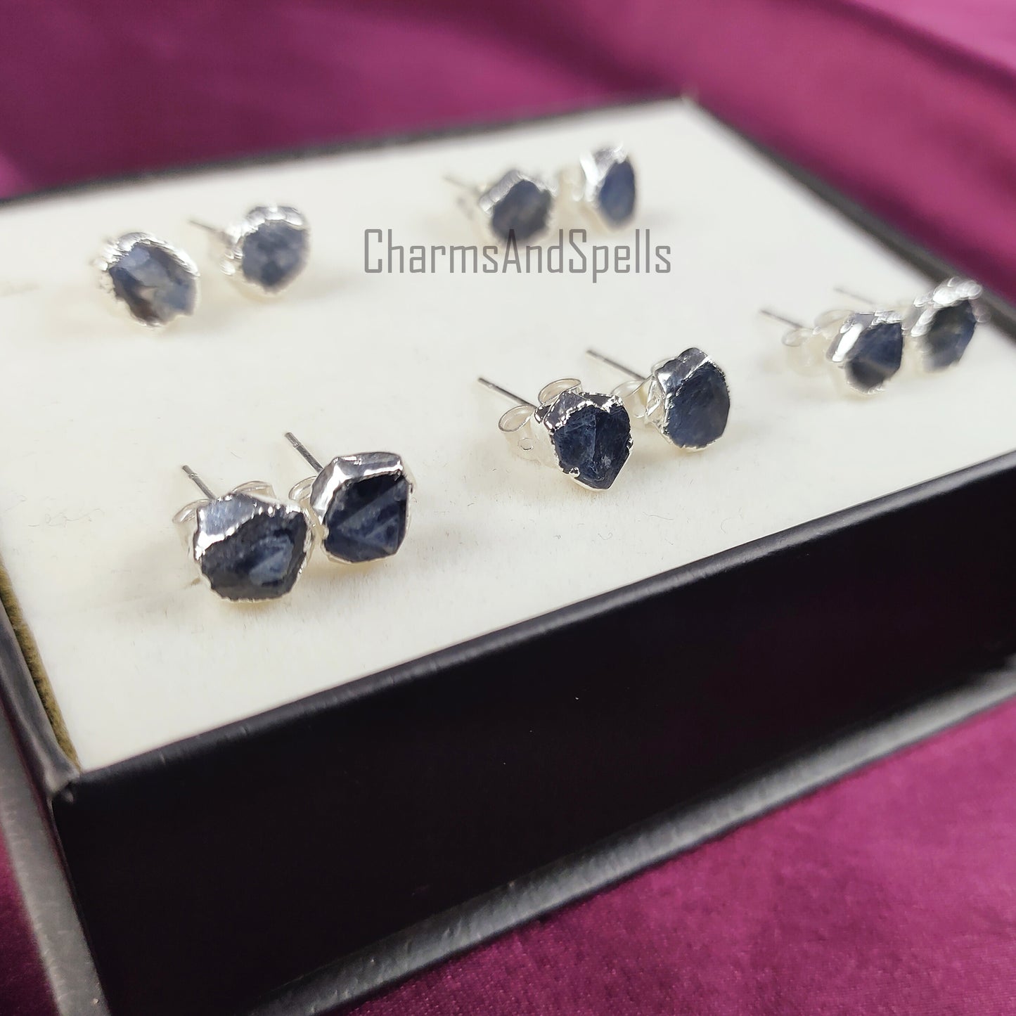 Raw Sapphire Stud Earrings| Real Gemstone Jewelry| September Birthstone