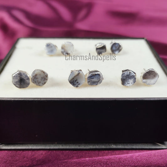 Raw Dendrite Opal Stud Earrings | Natural Crystal Earrings Healing Stone
