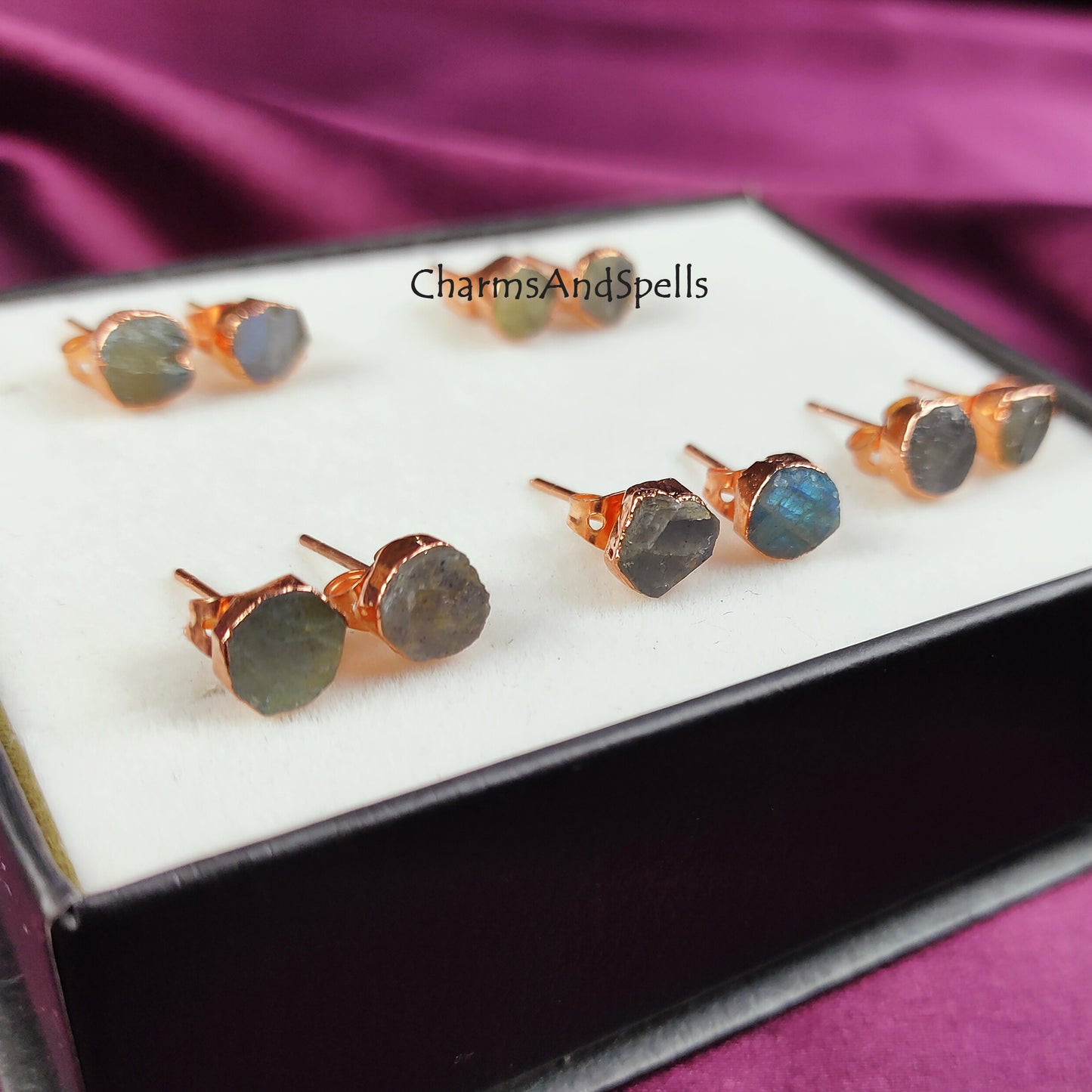 Raw Blue Fire Labradorite Stud Earrings | Natural Crystal Earrings Healing Stone