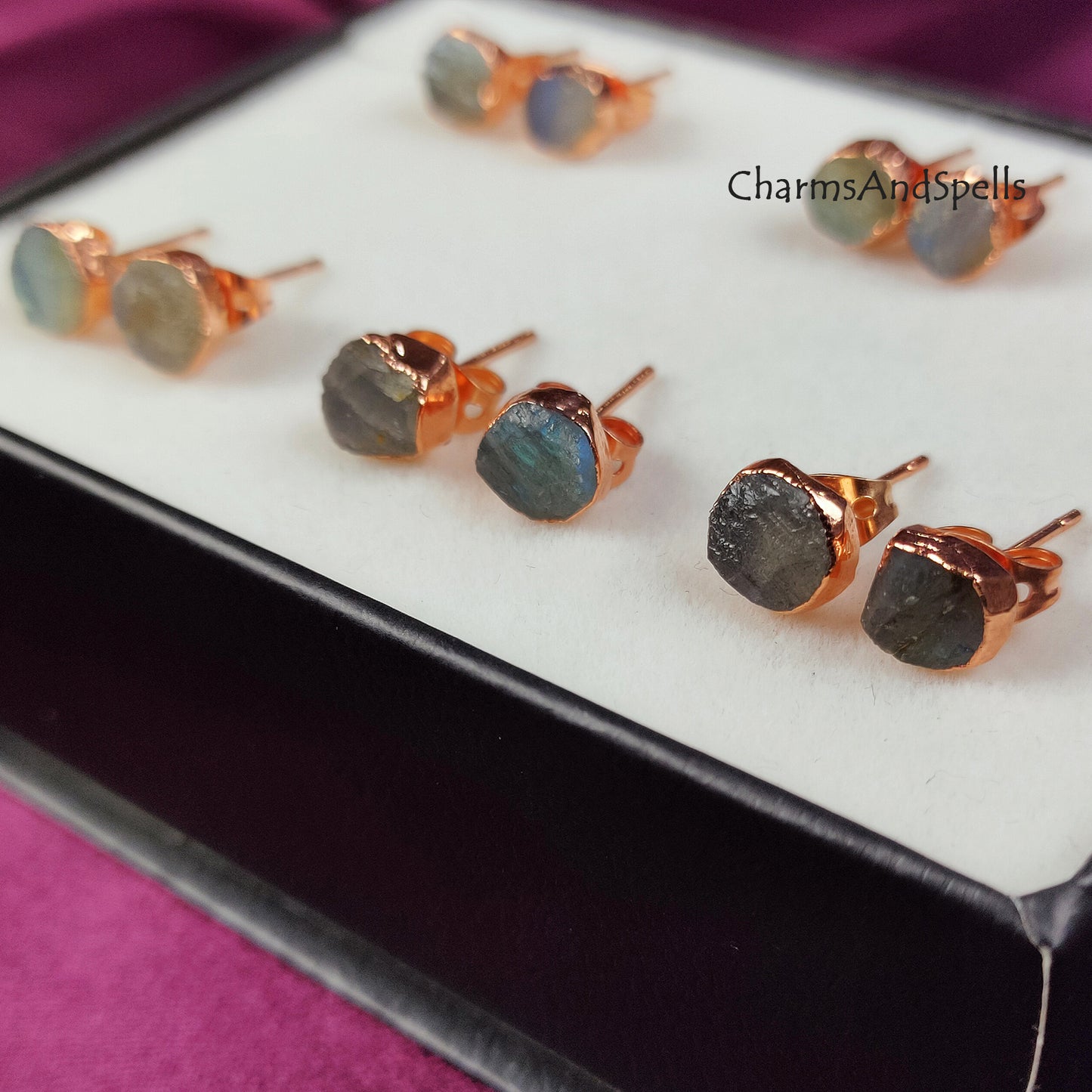 Raw Blue Fire Labradorite Stud Earrings | Natural Crystal Earrings Healing Stone