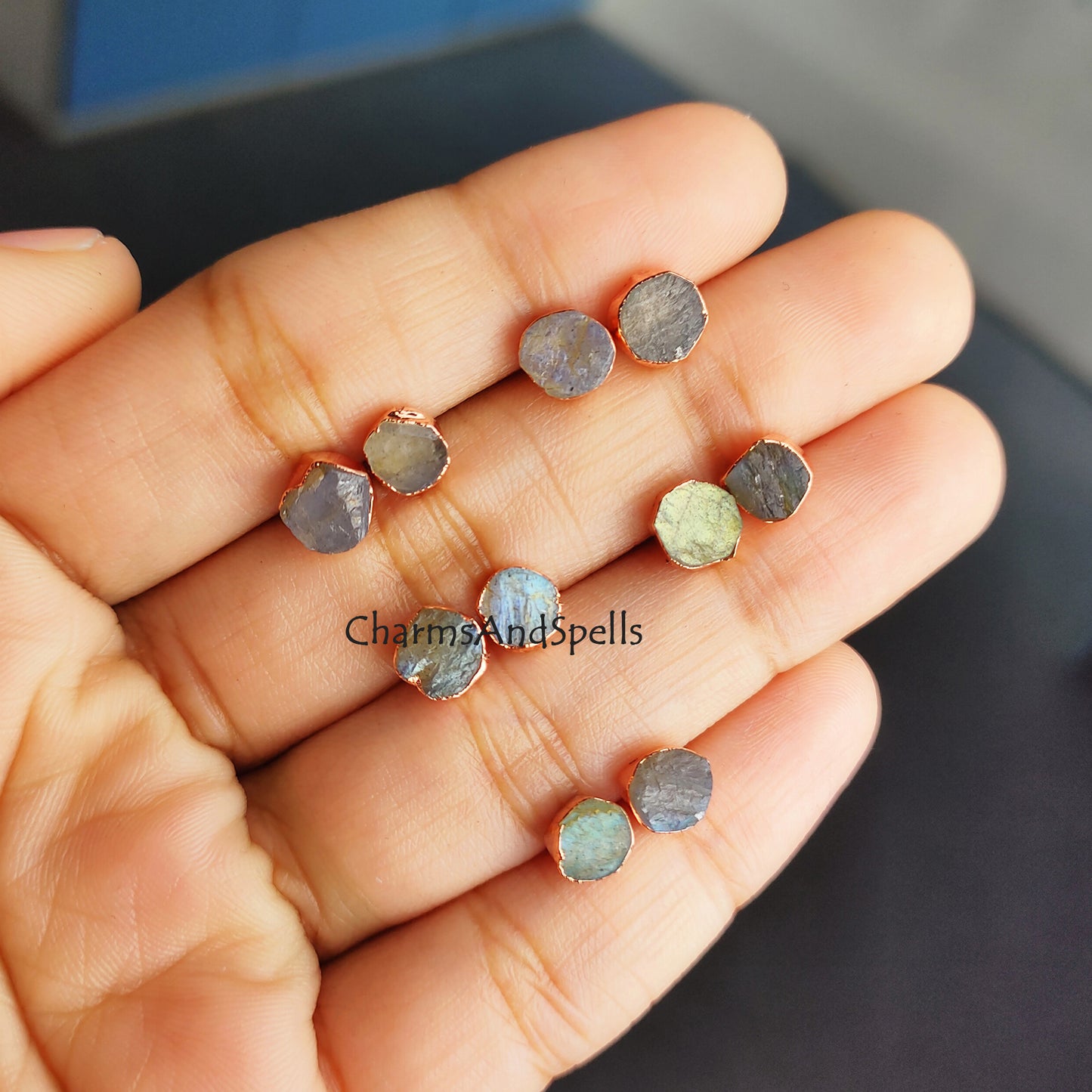 Raw Blue Fire Labradorite Stud Earrings | Natural Crystal Earrings Healing Stone