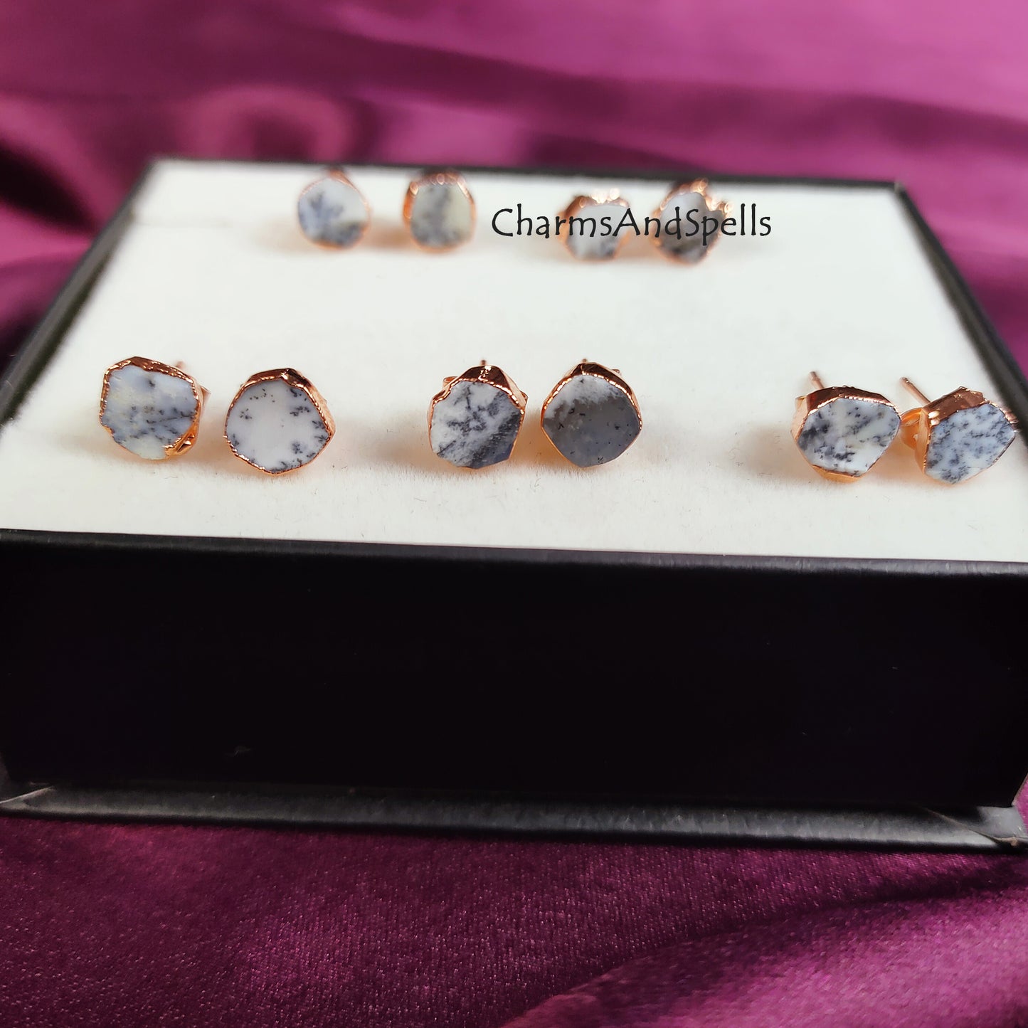 Raw Dendrite Opal Stud Earrings | Natural Crystal Earrings Healing Stone