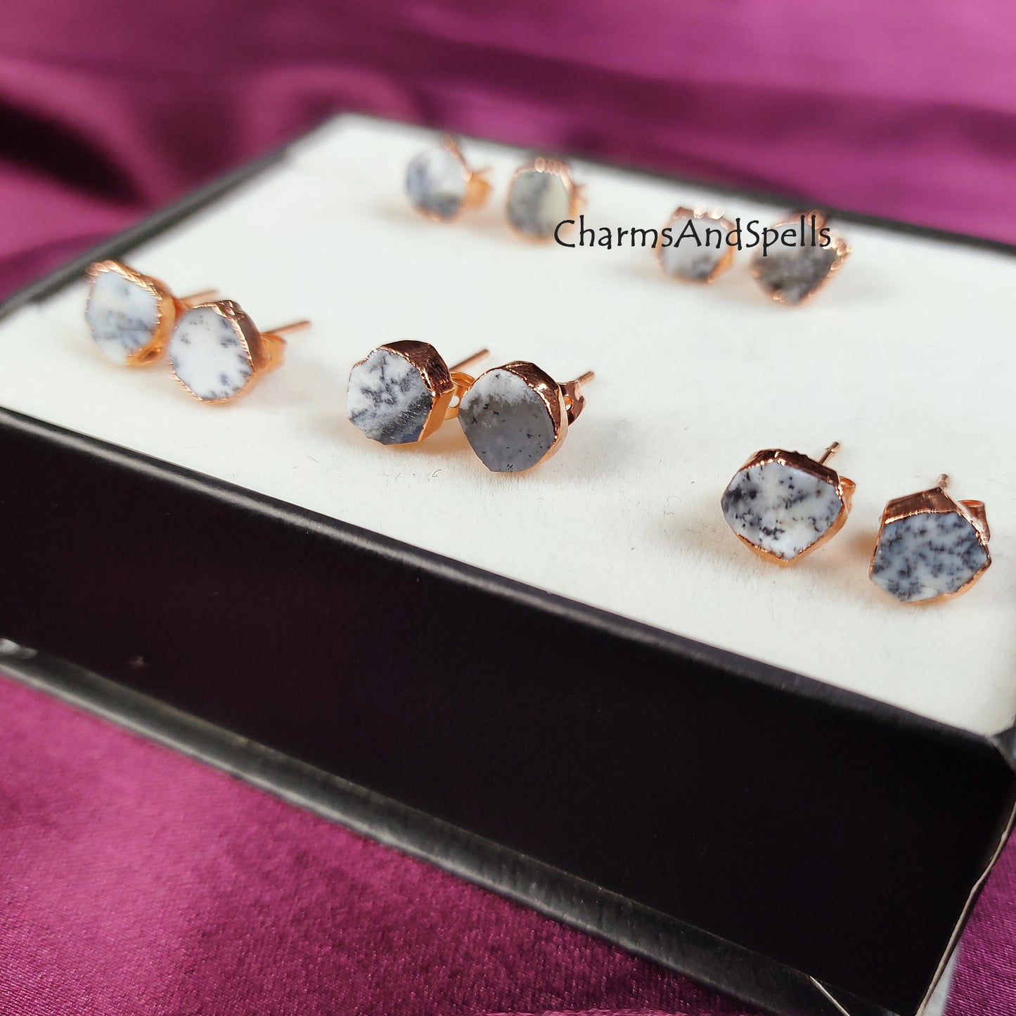 Raw Dendrite Opal Stud Earrings | Natural Crystal Earrings Healing Stone