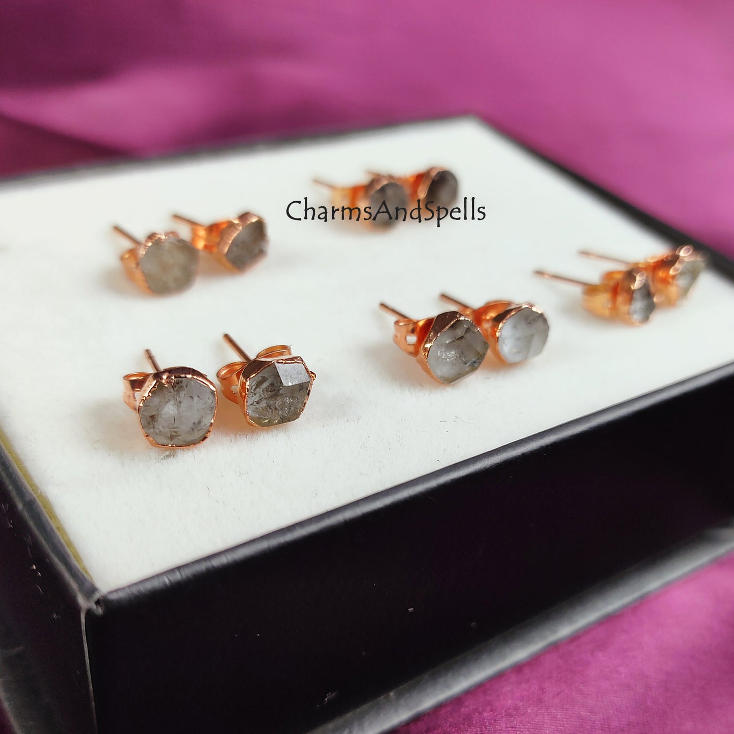 Tiny Herkimer Diamond Stud Earrings| Dainty Gold Electroplated Minimalist Jewelry