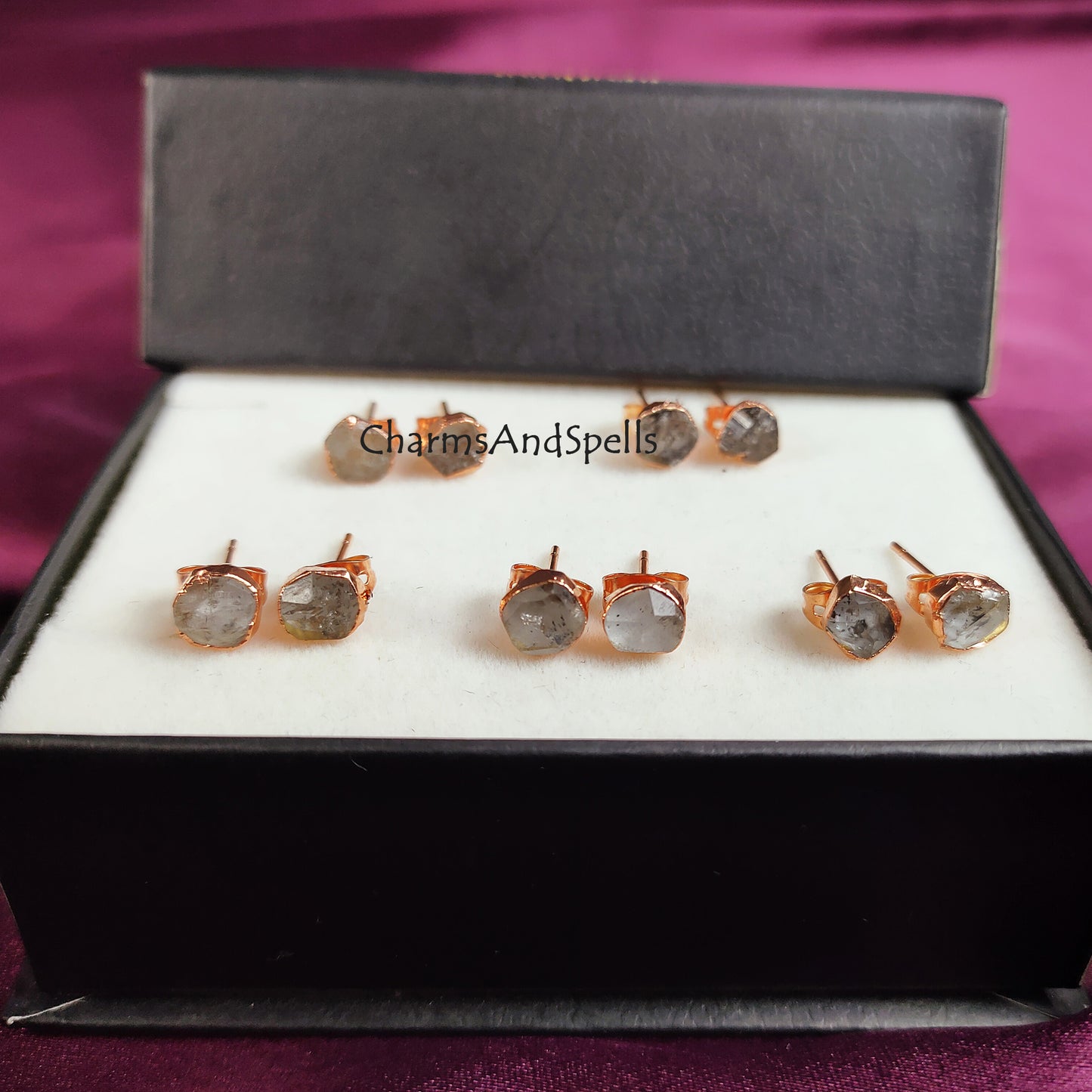 Tiny Herkimer Diamond Stud Earrings| Dainty Gold Electroplated Minimalist Jewelry