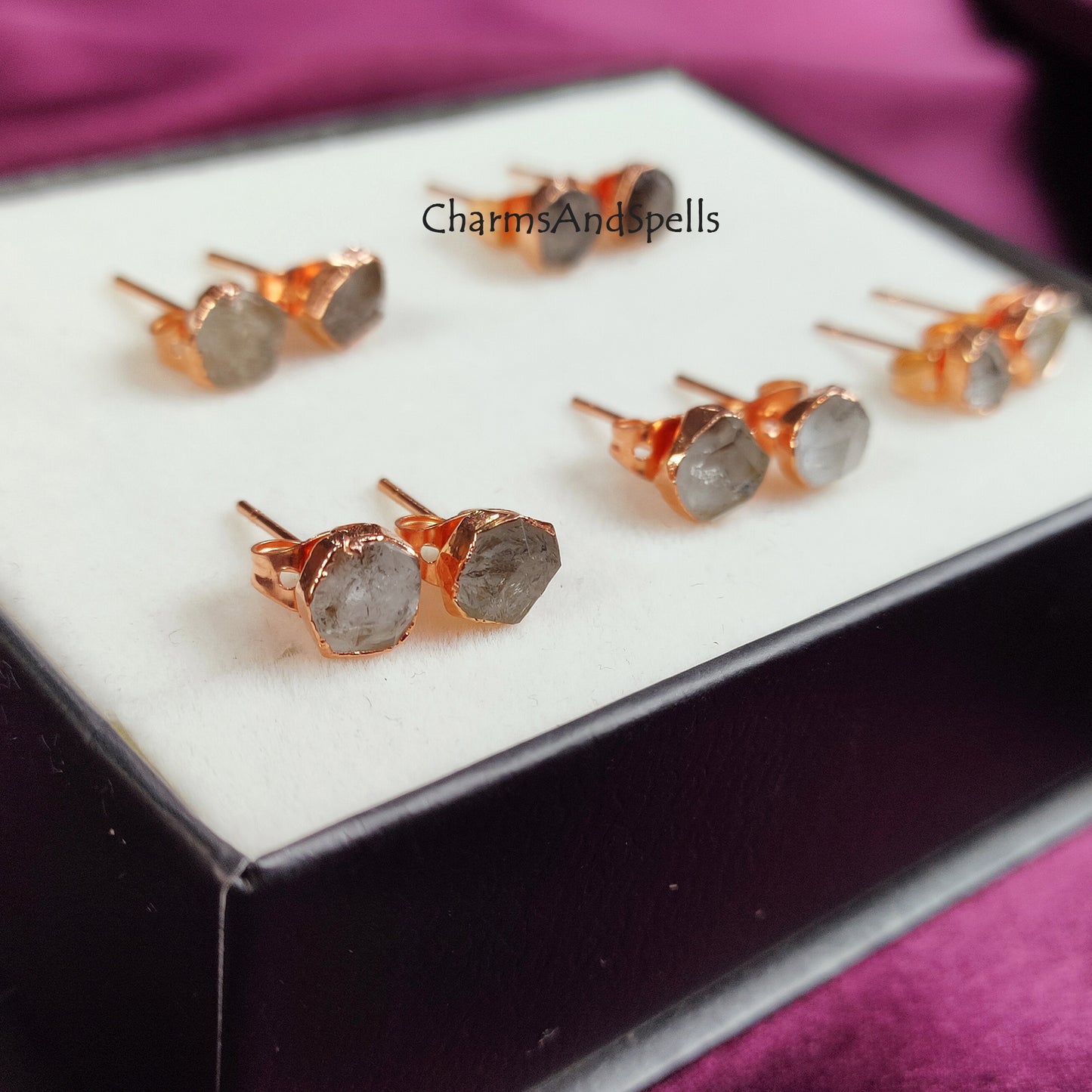 Tiny Herkimer Diamond Stud Earrings| Dainty Gold Electroplated Minimalist Jewelry