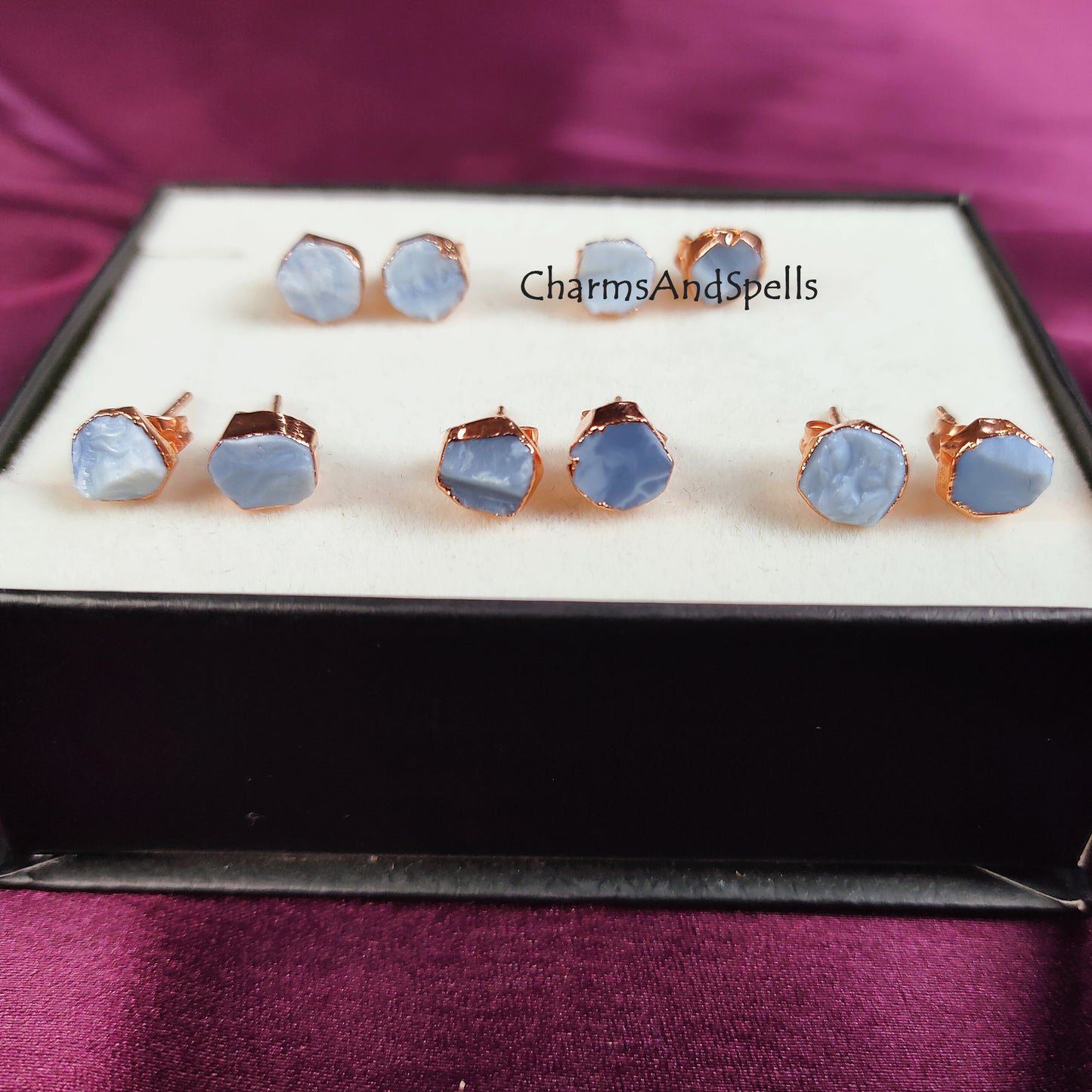 Raw Blue Opal Stud Earrings | Natural Crystal Earrings October Birthstone