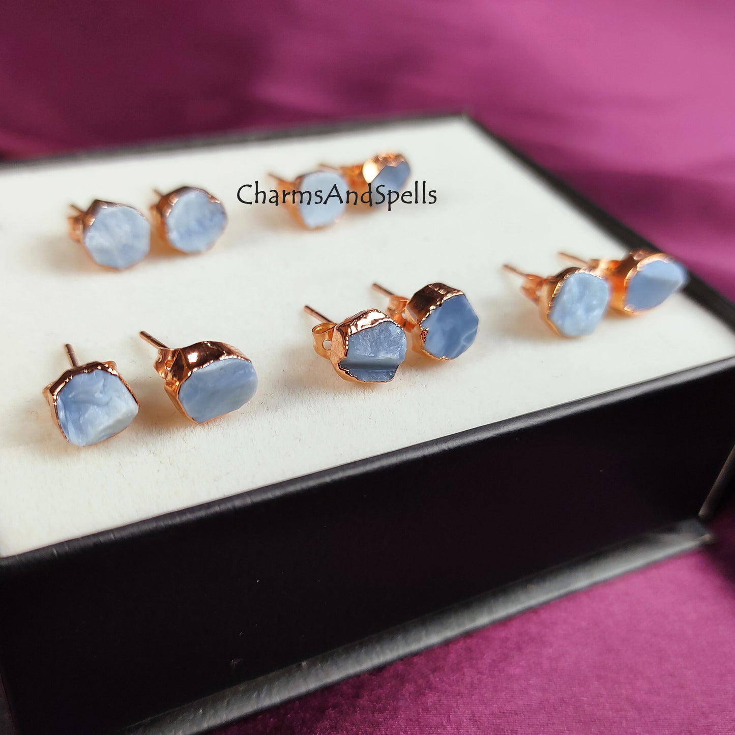 Raw Blue Opal Stud Earrings | Natural Crystal Earrings October Birthstone