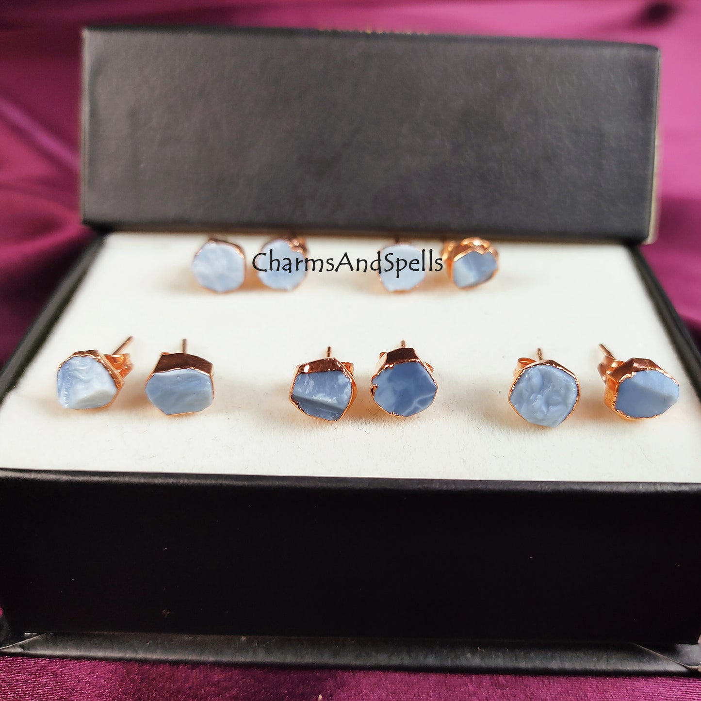 Raw Blue Opal Stud Earrings | Natural Crystal Earrings October Birthstone