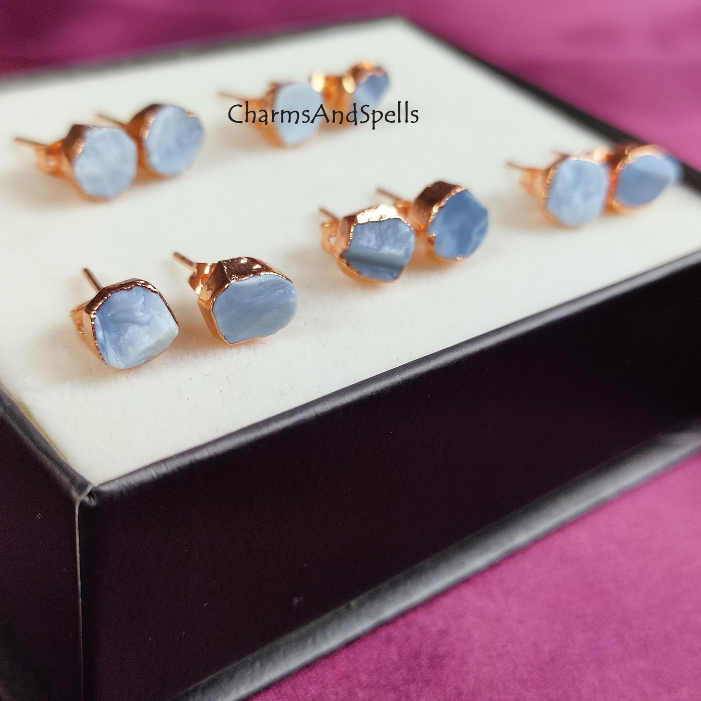 Raw Blue Opal Stud Earrings | Natural Crystal Earrings October Birthstone