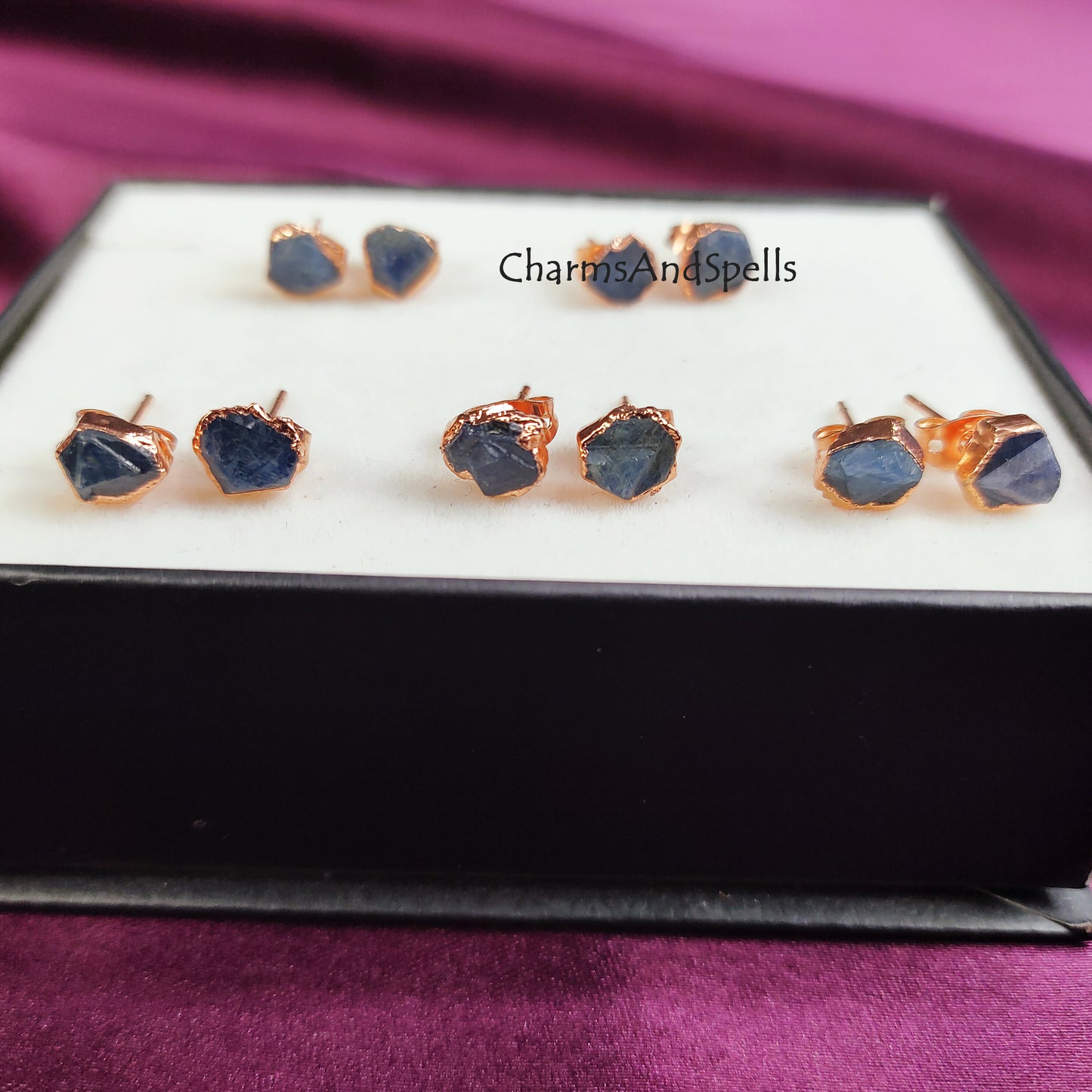 Raw Sapphire Stud Earrings| Real Gemstone Jewelry| September Birthstone