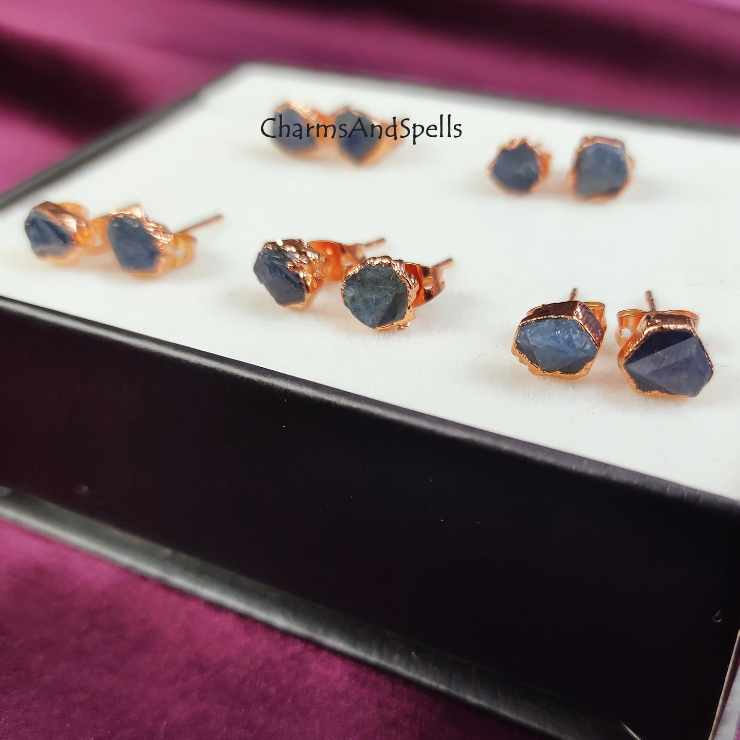 Raw Sapphire Stud Earrings| Real Gemstone Jewelry| September Birthstone
