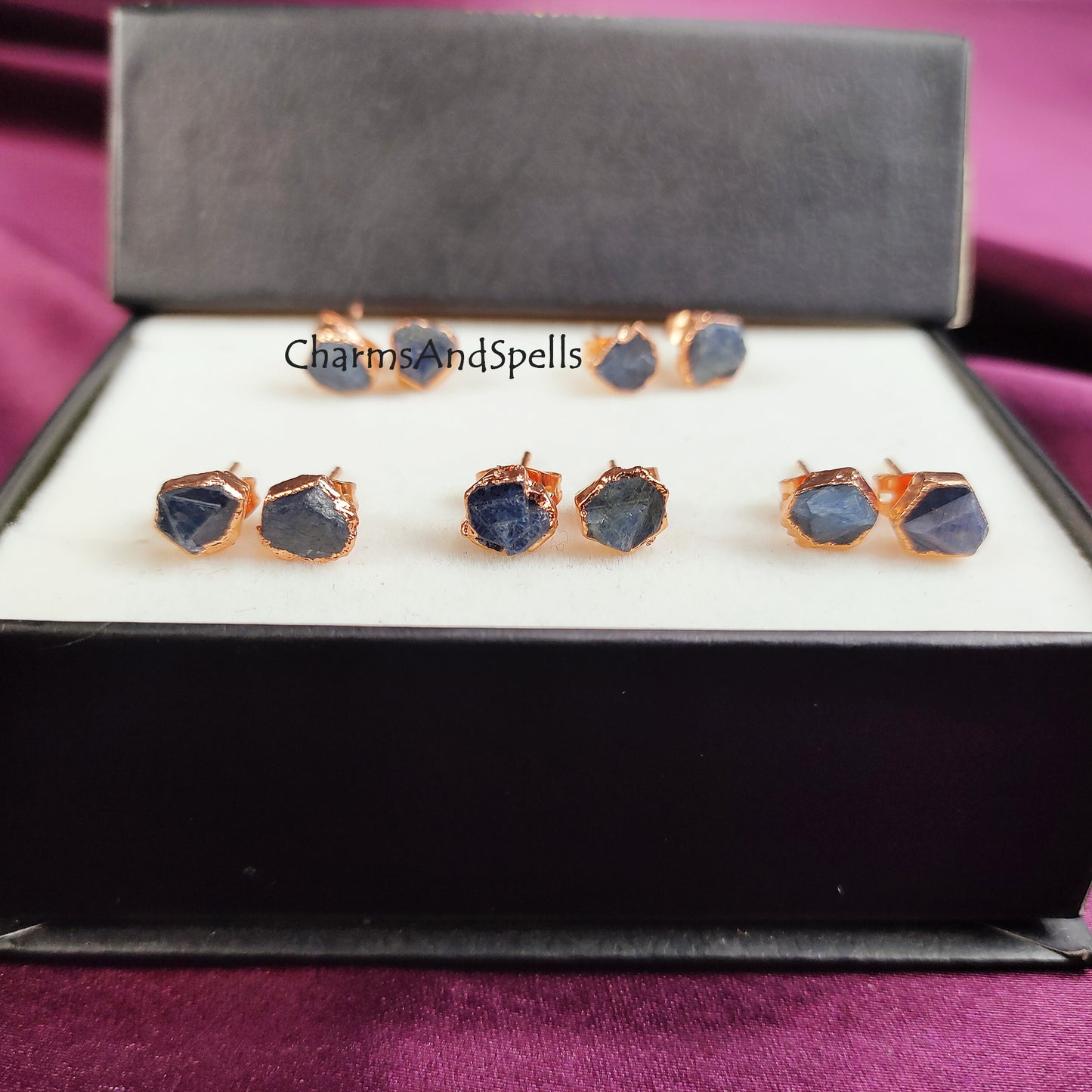 Raw Sapphire Stud Earrings| Real Gemstone Jewelry| September Birthstone