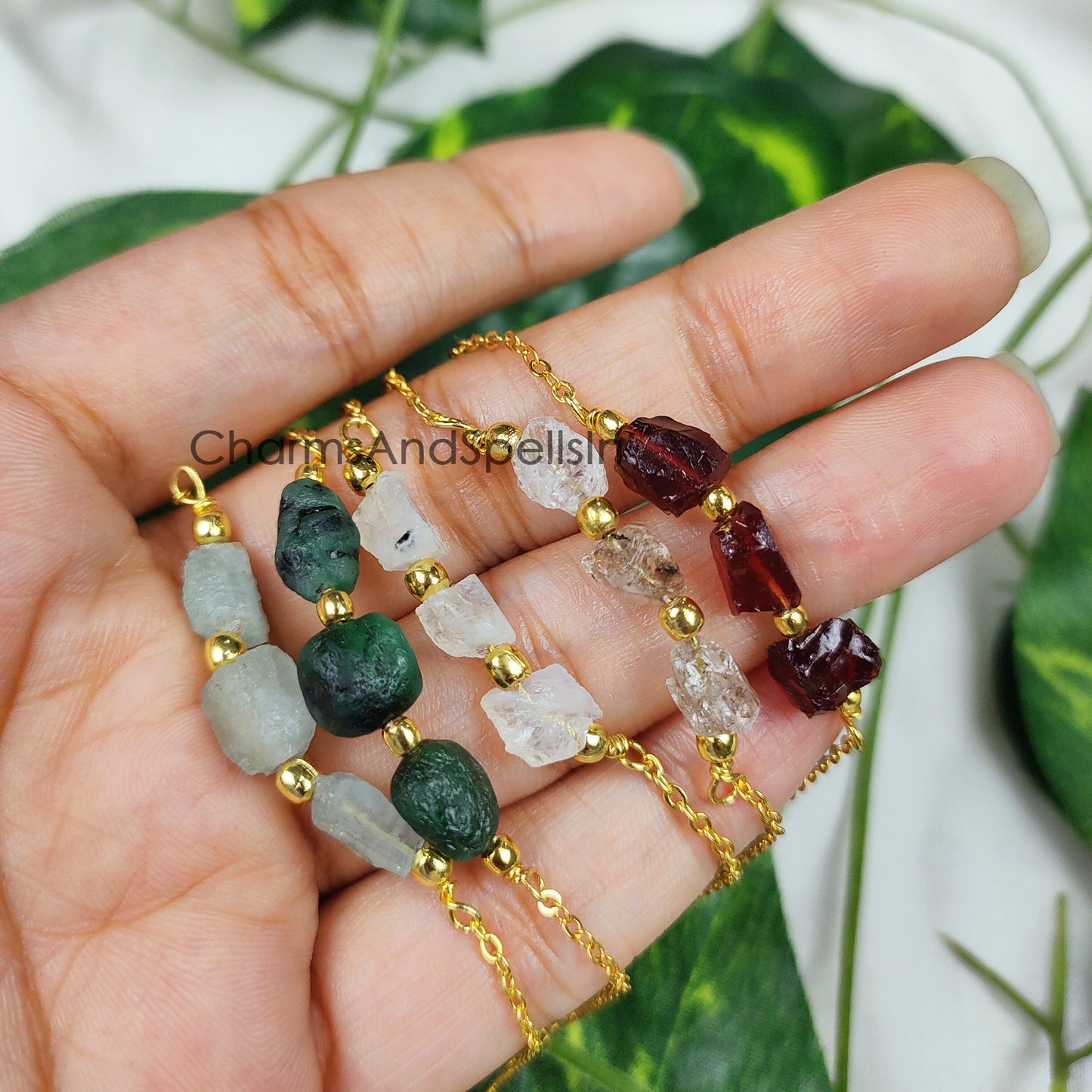 Raw Natural Gemstone Necklace, Personalized Jewelry, Beautiful Birthstone Woman Necklace, Garnet, Aquamarine, Herkimer, Emerald, Moonstone