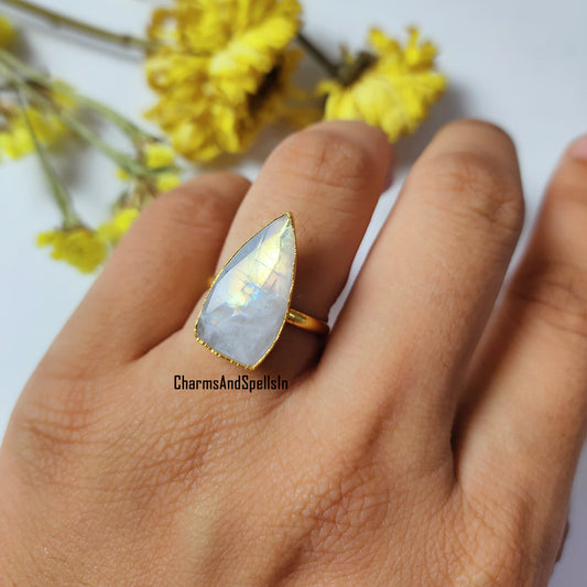 Genuine Rainbow Moonstone Ring, Gold Electroplated Ring, Handmade Jewelry, Moonstone Bridal Ring, June Birthstone, Engagement Ring,Gift Idea