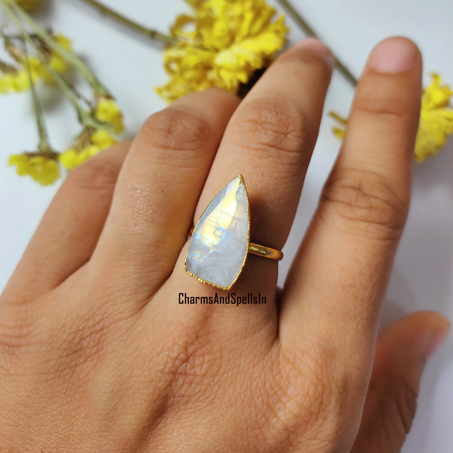 Genuine Rainbow Moonstone Ring, Gold Electroplated Ring, Handmade Jewelry, Moonstone Bridal Ring, June Birthstone, Engagement Ring,Gift Idea