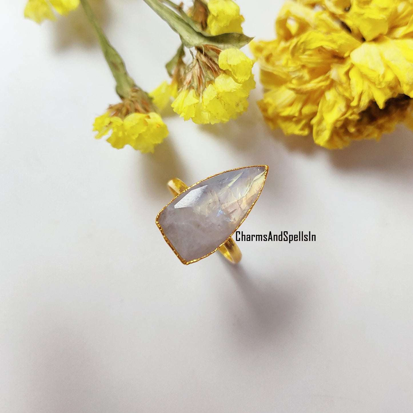 Genuine Rainbow Moonstone Ring, Gold Electroplated Ring, Handmade Jewelry, Moonstone Bridal Ring, June Birthstone, Engagement Ring,Gift Idea