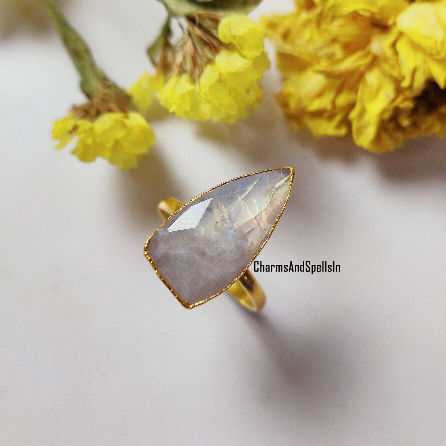 Genuine Rainbow Moonstone Ring, Gold Electroplated Ring, Handmade Jewelry, Moonstone Bridal Ring, June Birthstone, Engagement Ring,Gift Idea