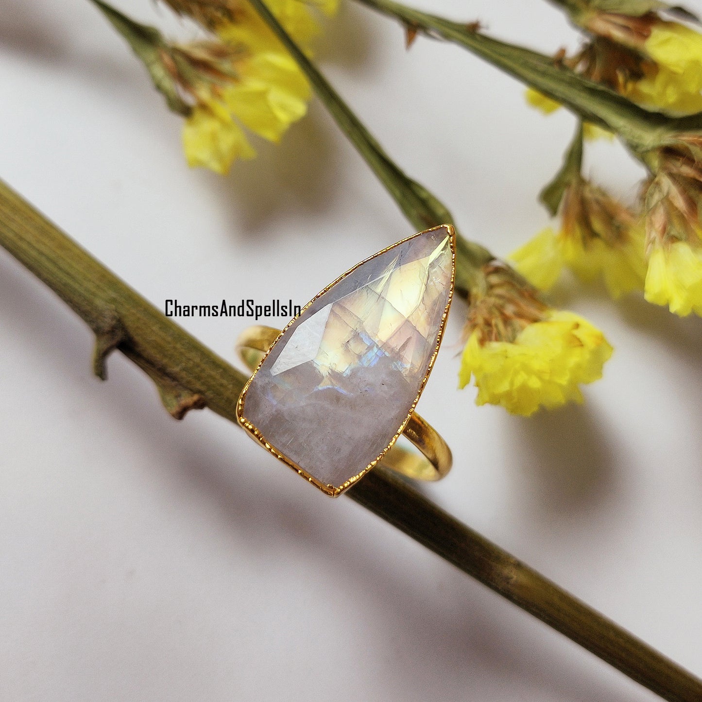 Genuine Rainbow Moonstone Ring, Gold Electroplated Ring, Handmade Jewelry, Moonstone Bridal Ring, June Birthstone, Engagement Ring,Gift Idea