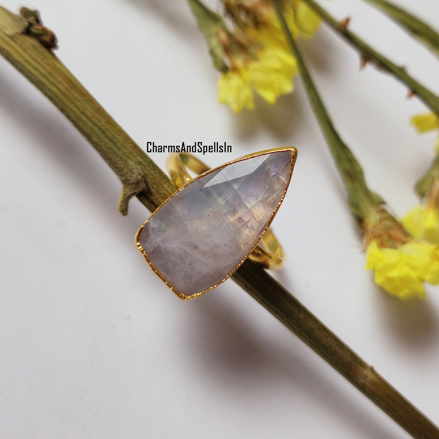 Genuine Rainbow Moonstone Ring, Gold Electroplated Ring, Handmade Jewelry, Moonstone Bridal Ring, June Birthstone, Engagement Ring,Gift Idea