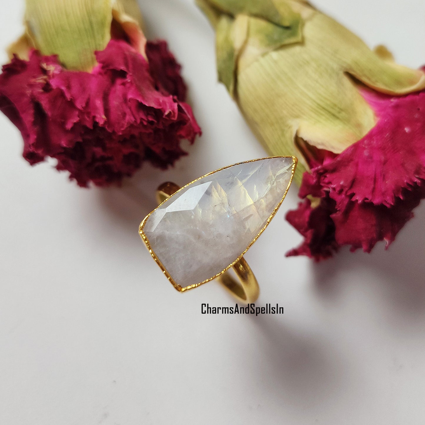 Genuine Rainbow Moonstone Ring, Gold Electroplated Ring, Handmade Jewelry, Moonstone Bridal Ring, June Birthstone, Engagement Ring,Gift Idea