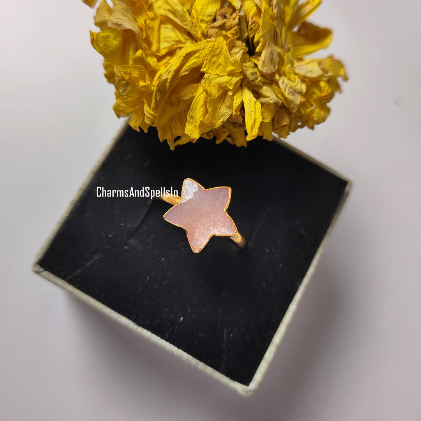 Sunstone Star Ring | Adjustable Boho Gold Electroplated Gemstone Jewelry