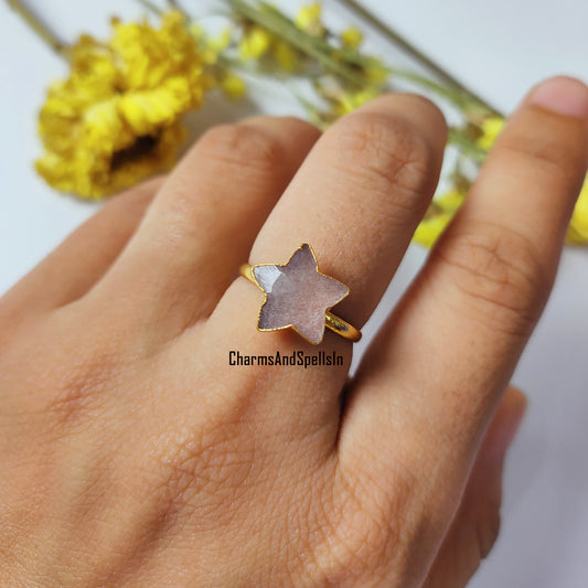 Unique Sunstone Star Ring, Boho Ring, Gold Electroplated Star Ring, Natural Gemstone Promise Ring, Healing Crystal Jewelry, Woman Ring, Gift