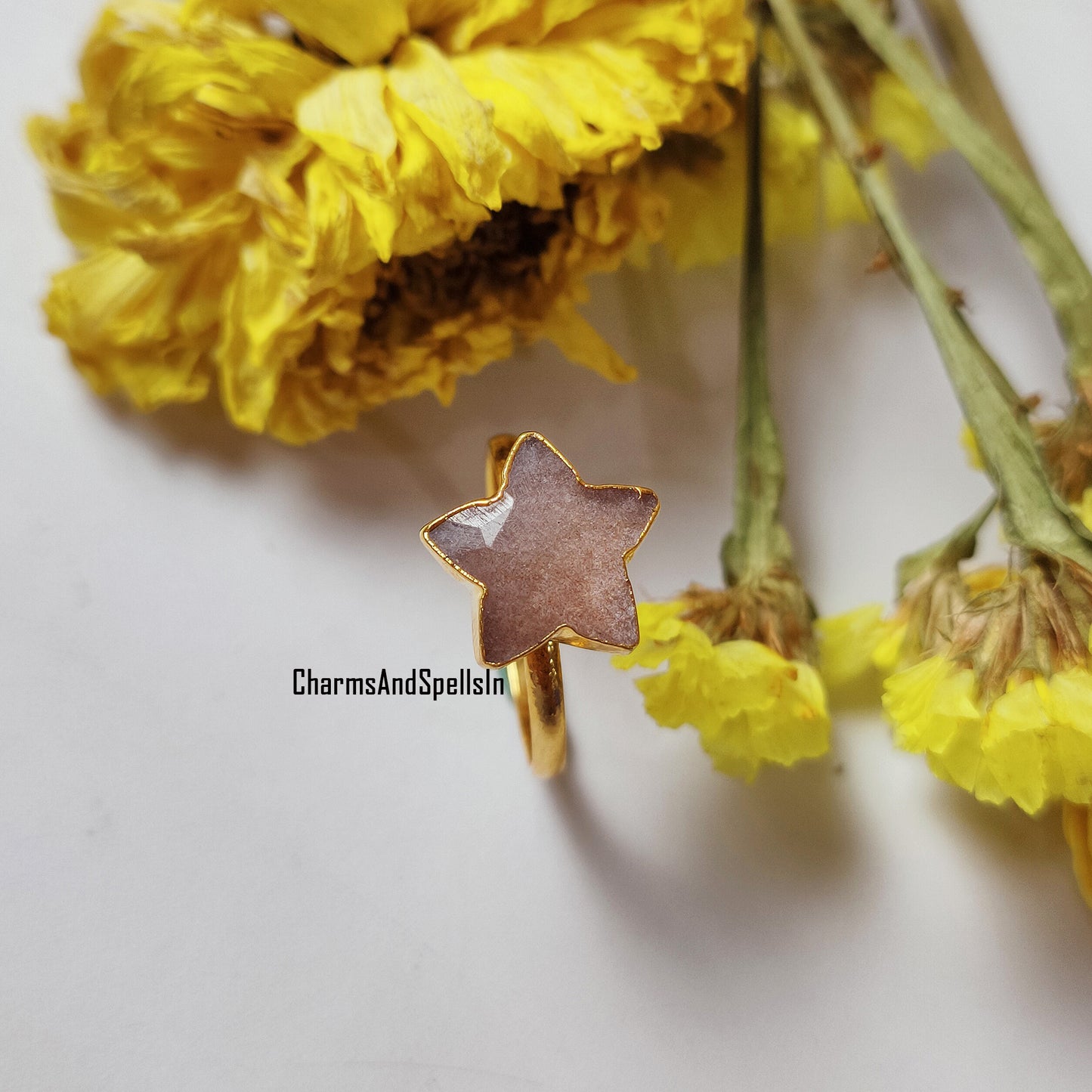 Sunstone Star Ring | Adjustable Boho Gold Electroplated Gemstone Jewelry
