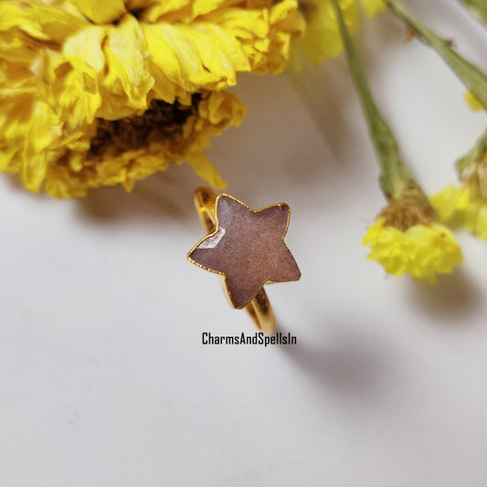 Unique Sunstone Star Ring, Boho Ring, Gold Electroplated Star Ring, Natural Gemstone Promise Ring, Healing Crystal Jewelry, Woman Ring, Gift