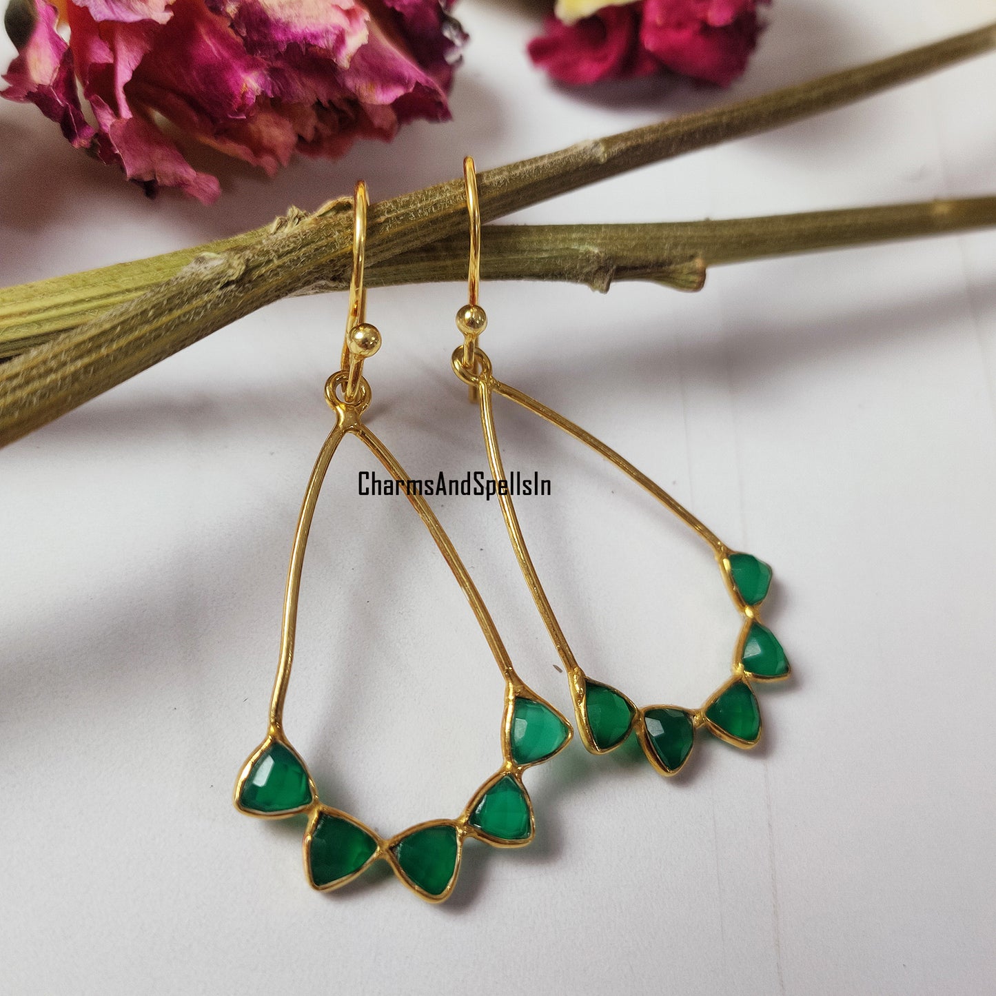 Beautiful Green Onyx Gemstone Earring, Handmade Gold Plated Earring, Natural Onyx Jewelry, Boho Earring, Dangle Earring, Bridesmaids Gift