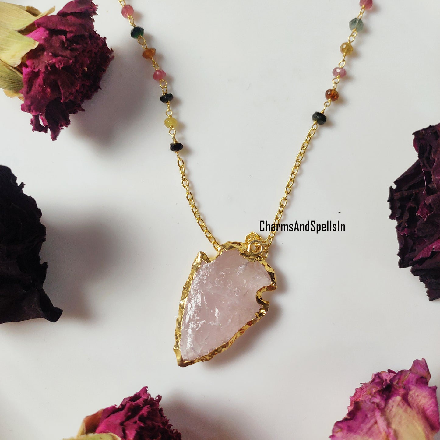 Natural Rose Quartz Necklace, Multi Tourmaline Chain, 14K Gold Plated, Arrowhead Necklace, October Birthstone Jewelry, Healing Crystal, Gift