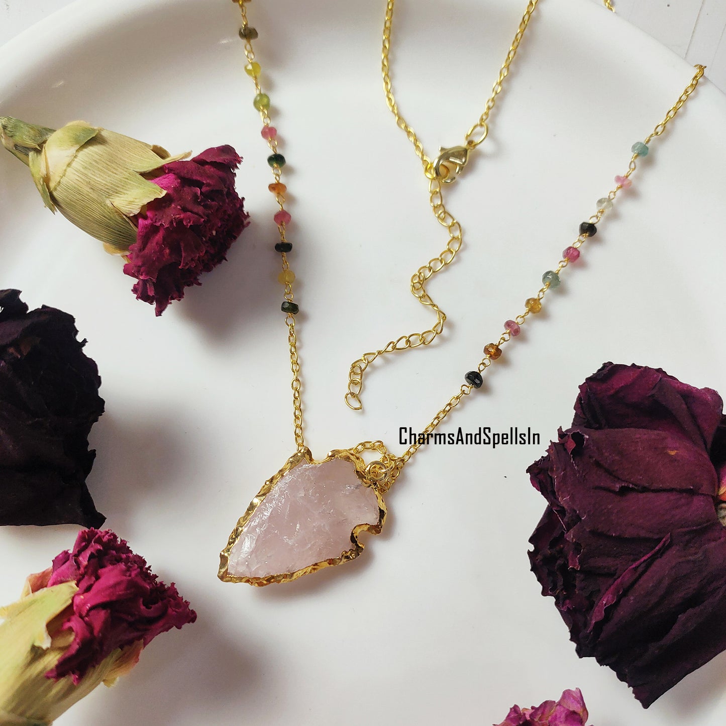 Natural Rose Quartz Necklace, Multi Tourmaline Chain, 14K Gold Plated, Arrowhead Necklace, October Birthstone Jewelry, Healing Crystal, Gift