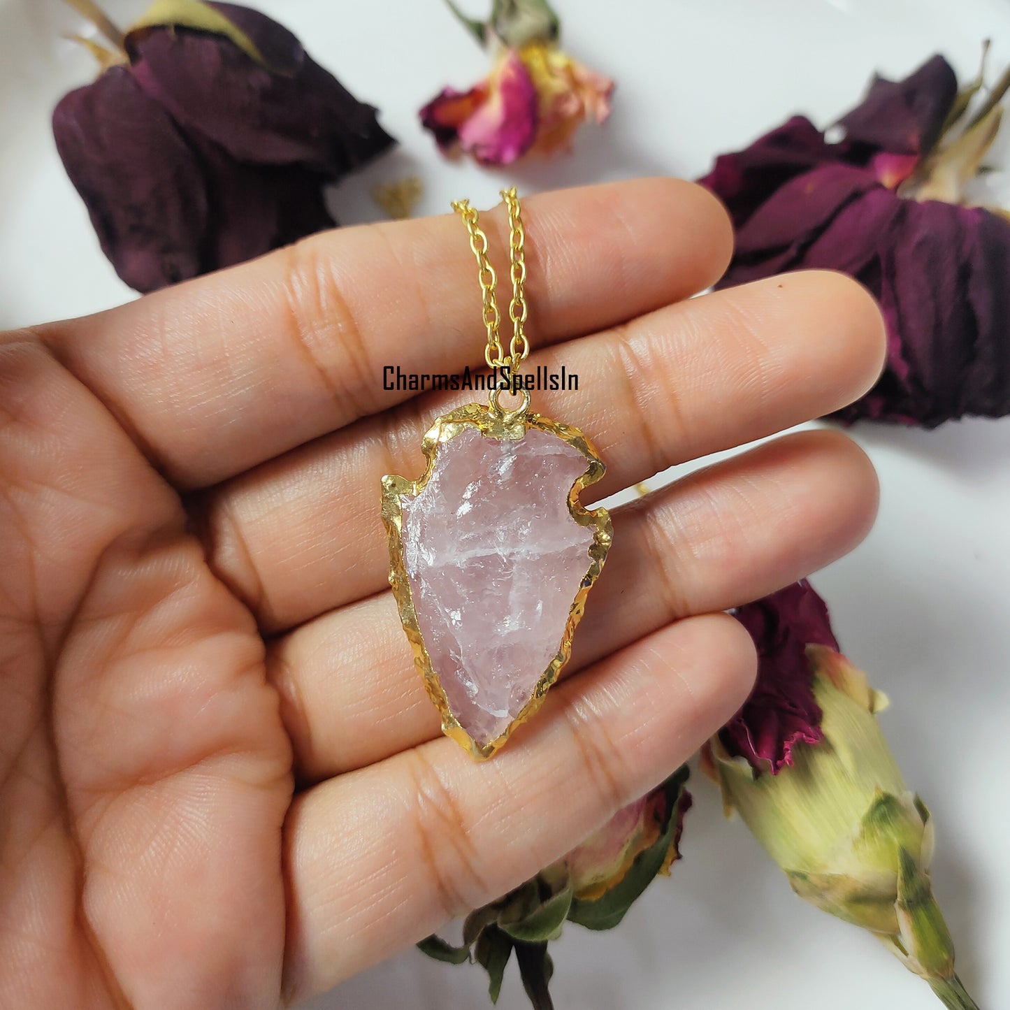 Natural Rose Quartz Necklace, Multi Tourmaline Chain, 14K Gold Plated, Arrowhead Necklace, October Birthstone Jewelry, Healing Crystal, Gift