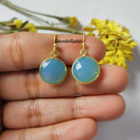 Natural Aqua Chalcedony Earring, Handmade Earring, 14K Gold Plated Earring, Round Gemstone Earrings, Chalcedony Jewelry, Wedding Gift, Gift