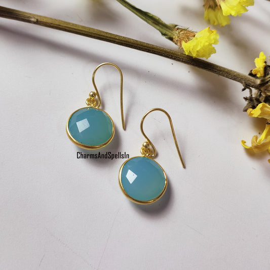 Natural Aqua Chalcedony Earring, Handmade Earring, 14K Gold Plated Earring, Round Gemstone Earrings, Chalcedony Jewelry, Wedding Gift, Gift