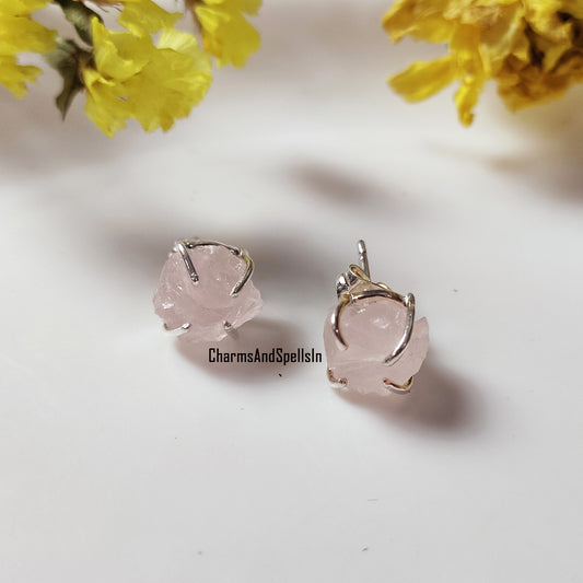 Genuine Raw Rose Quartz Stud Earring, Healing Quartz Earring, Post Earring, Pink Rose Quartz Gemstone Earring, Birthday Gift, Gift For Her