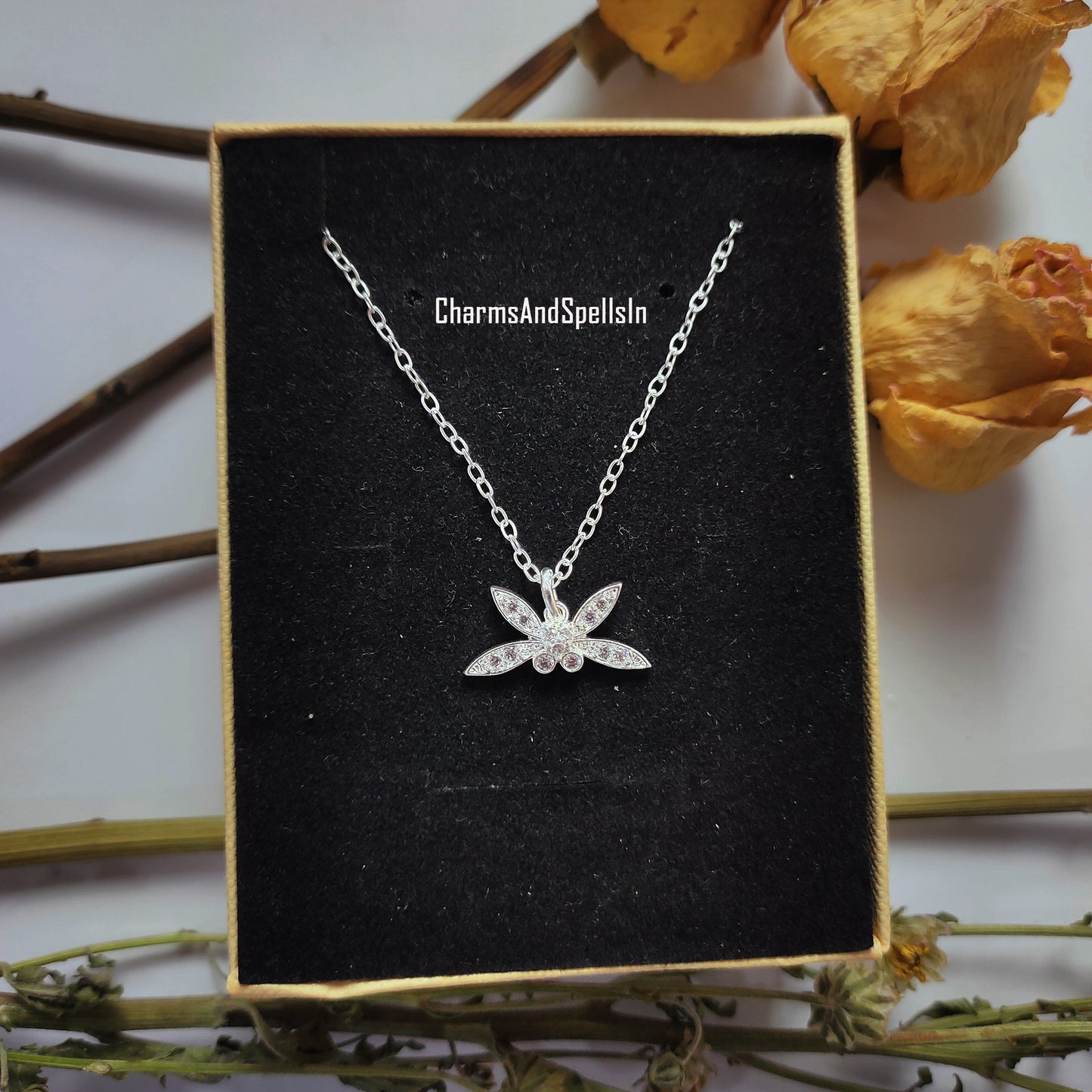 Cubic Zirconia Pendant Necklace, Tiny CZ Dragonfly Charm Necklace, Boho Jewelry, CZ Pendant, Birthday Gift for Her, Part Wear Jewelry, Gift