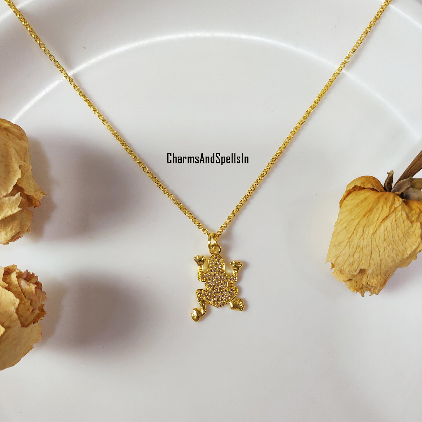 Beautiful CZ Diamond Frog Charm Necklace, Bohemian Necklace, Cubic Zirconia Gemstone Pendant Necklace, Frog Pendant, prosperity charm Gift