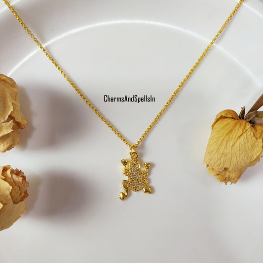 Beautiful CZ Diamond Frog Charm Necklace, Bohemian Necklace, Cubic Zirconia Gemstone Pendant Necklace, Frog Pendant, prosperity charm Gift