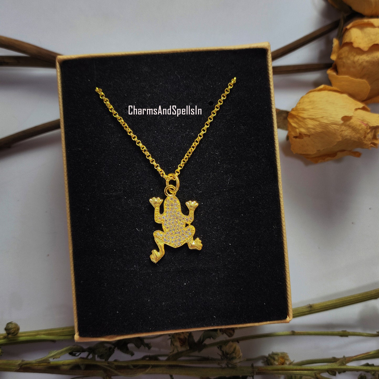 Beautiful CZ Diamond Frog Charm Necklace, Bohemian Necklace, Cubic Zirconia Gemstone Pendant Necklace, Frog Pendant, prosperity charm Gift