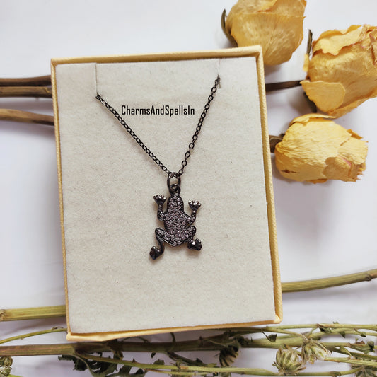 Cubic Zirconia Frog Necklace, Handmade Charm, Diamond Frog Charm Pendant Necklace, Lovely Birthday Gift, Frog Lover Gift, Summer Jewelry