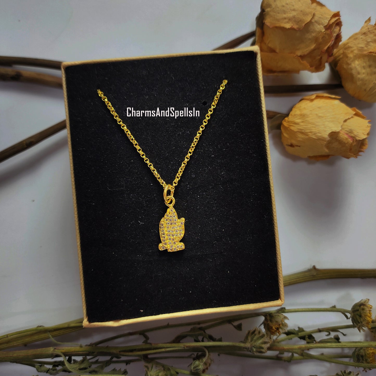 Cubic Zirconia Hand Pendant Necklace, 14K Gold Plated Necklace, Boho Necklace, CZ Hand Charm, Unique Charm For Girls, Wedding Gift For Her