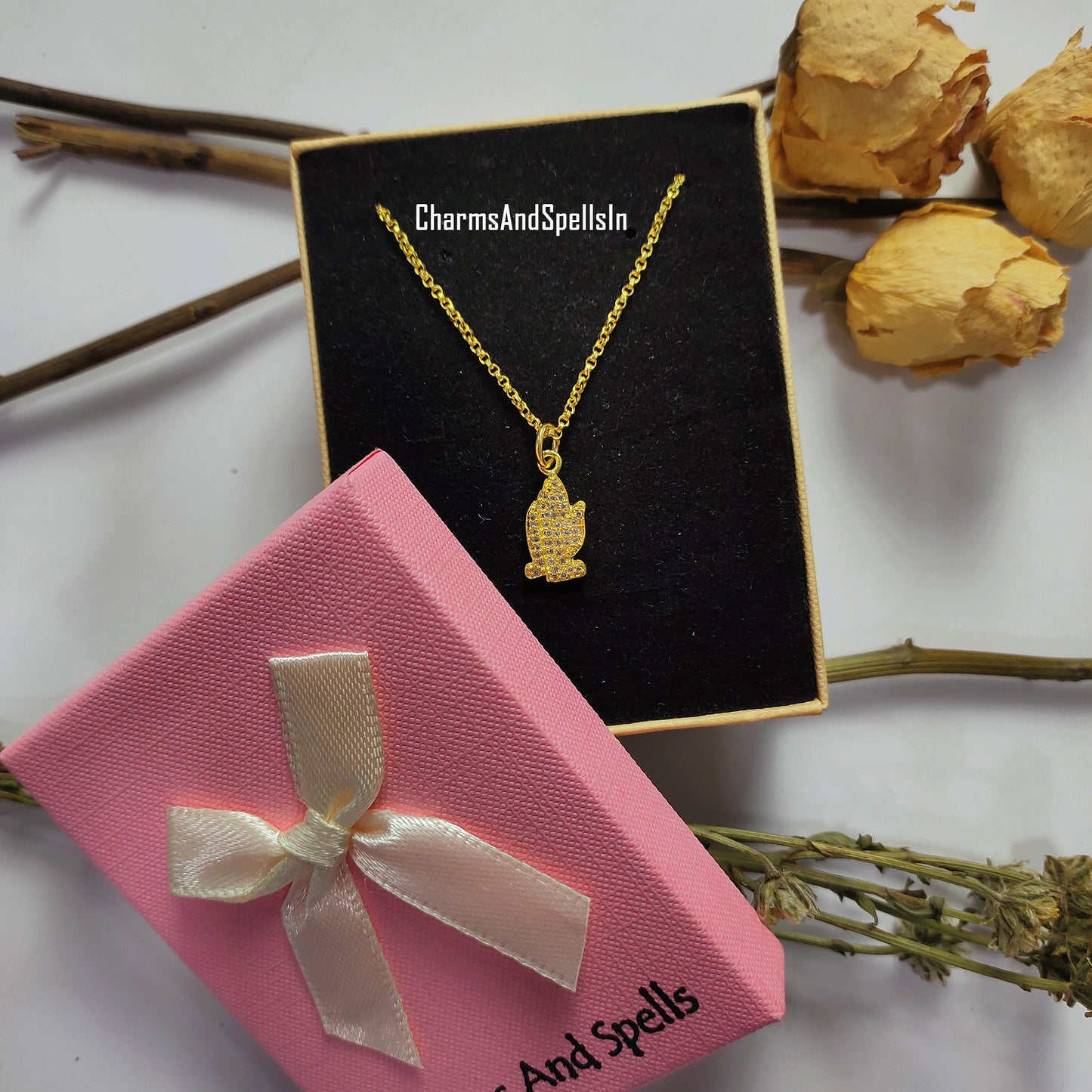 Cubic Zirconia Hand Pendant Necklace, 14K Gold Plated Necklace, Boho Necklace, CZ Hand Charm, Unique Charm For Girls, Wedding Gift For Her