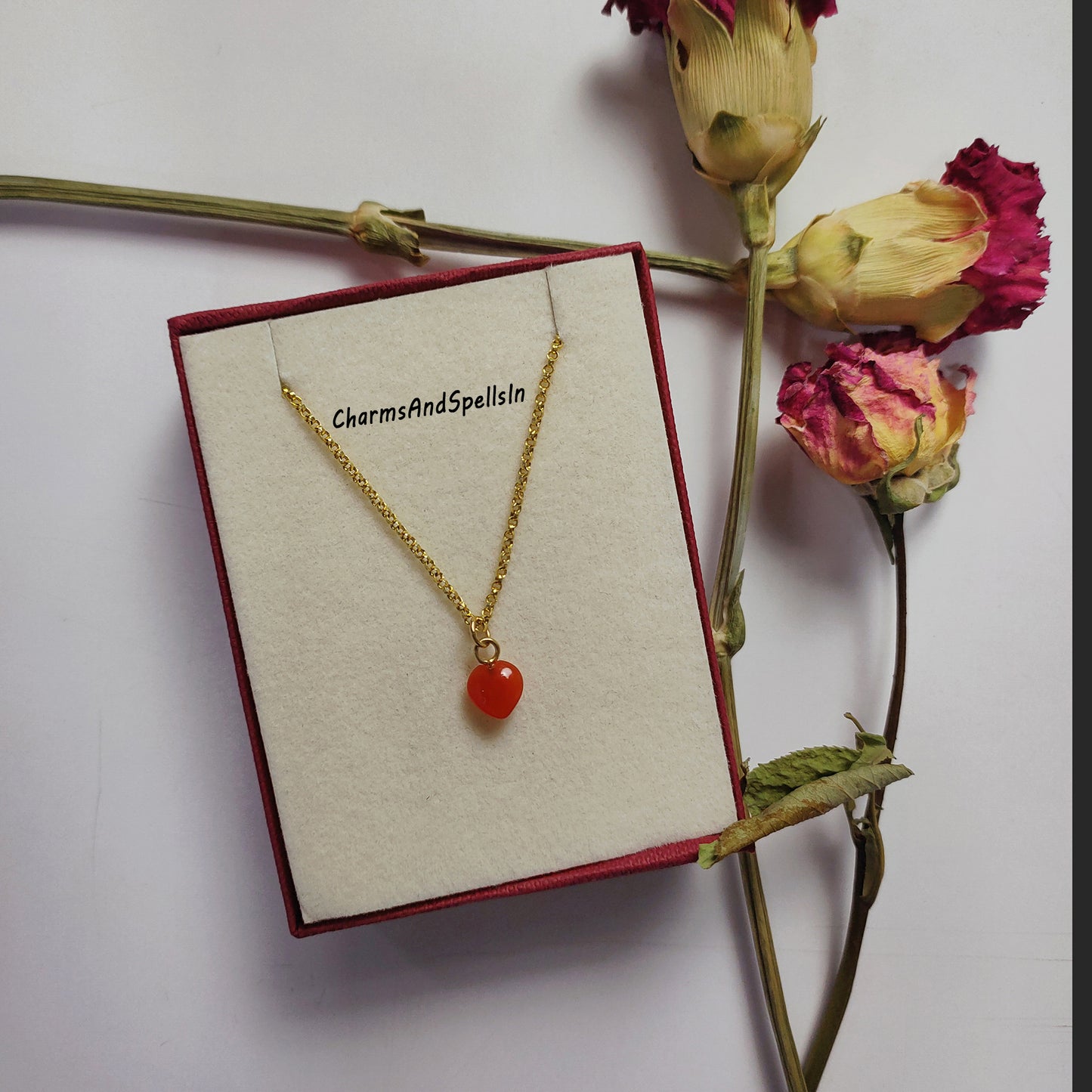 Natural Tiny Carnelian Heart Necklace, Orange Crystal Necklace, Handmade Jewelry, Good Energy Charm, Couples Necklace, Unique Gift For Her