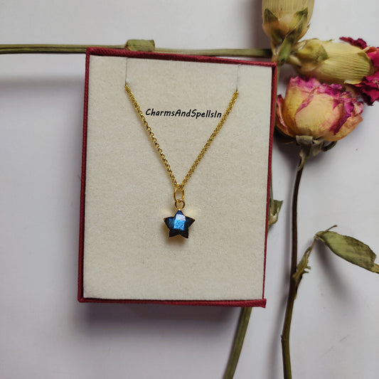 Dainty Blue Flash Labradorite Necklace, 14k Gold Electroplated, Star Charm Necklace, Natural Gemstone Jewelry, Wedding Necklace, Gift Idea