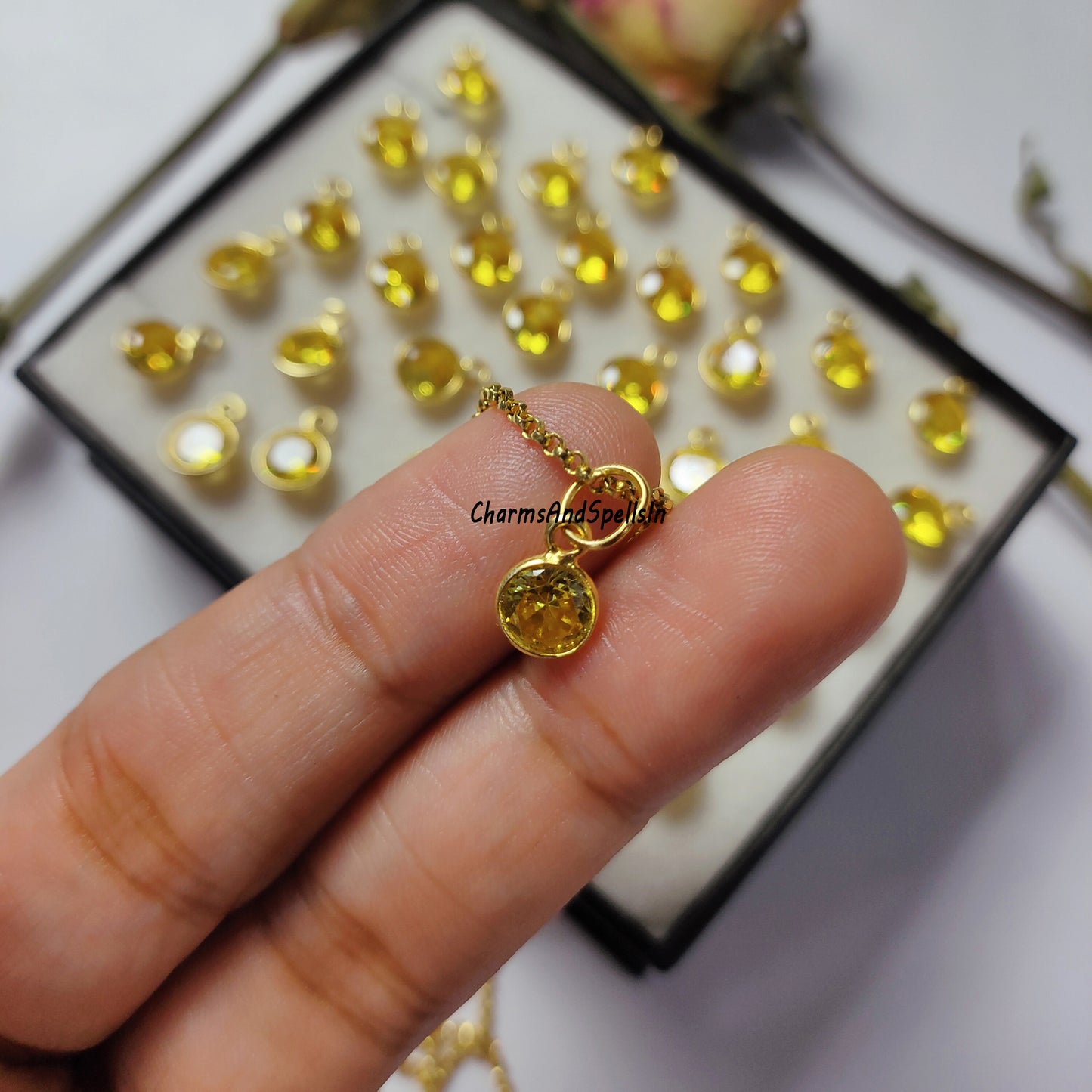 Hydro Yellow Citrine Gemstone Charm With Necklace, Boho Necklace, Dainty Round CZ Pendant Necklace, Gift For Mom, Bridesmaids Gift, Gift